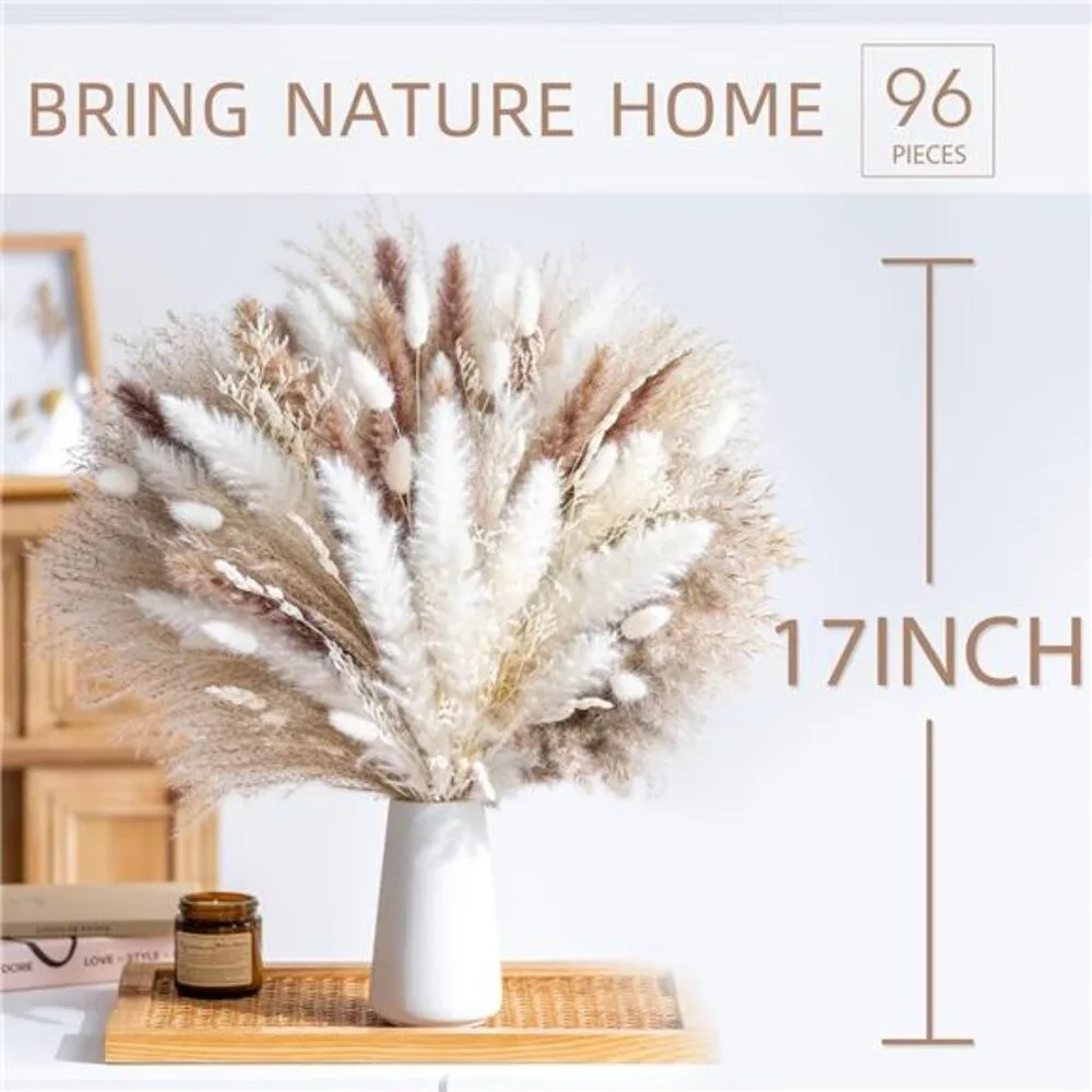 New 96PCS Dried Pampas Grass -Boho Bouquet for Home Decor & Wedding Arrangements